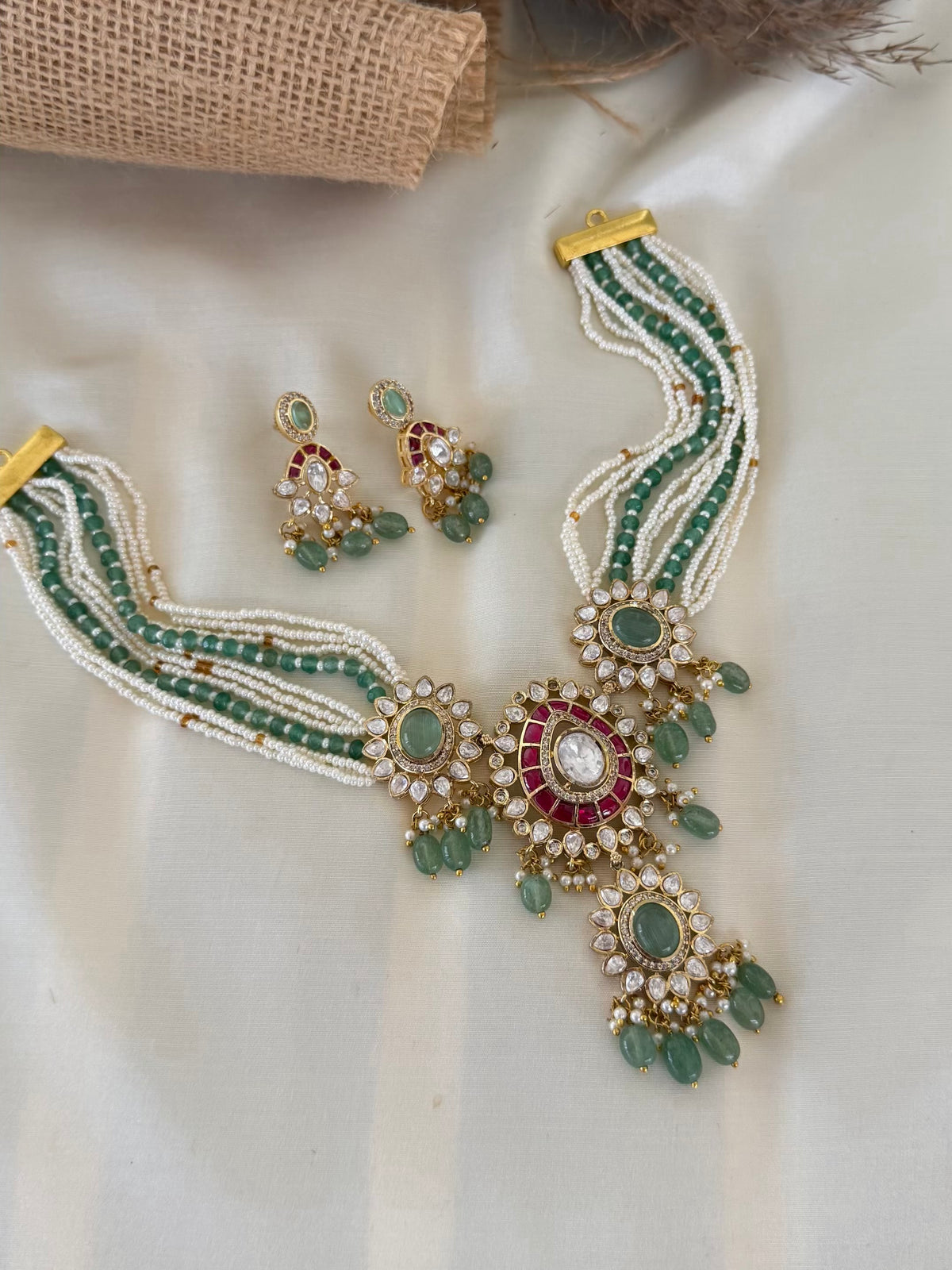 Jadau Kundan Emerald Ruby Bridal Necklace Set with Earrings