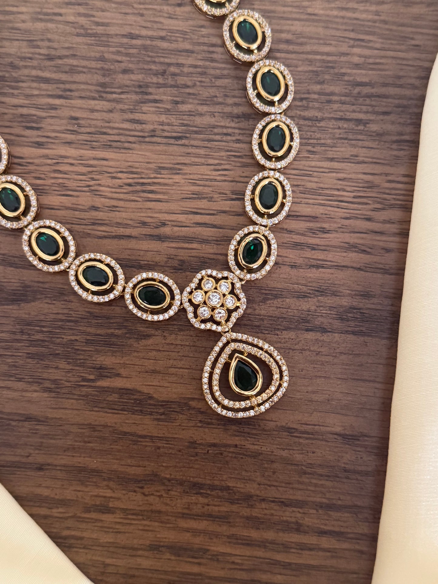 Premium Emerald Oval Stone Choker with CZ Floral Pendant