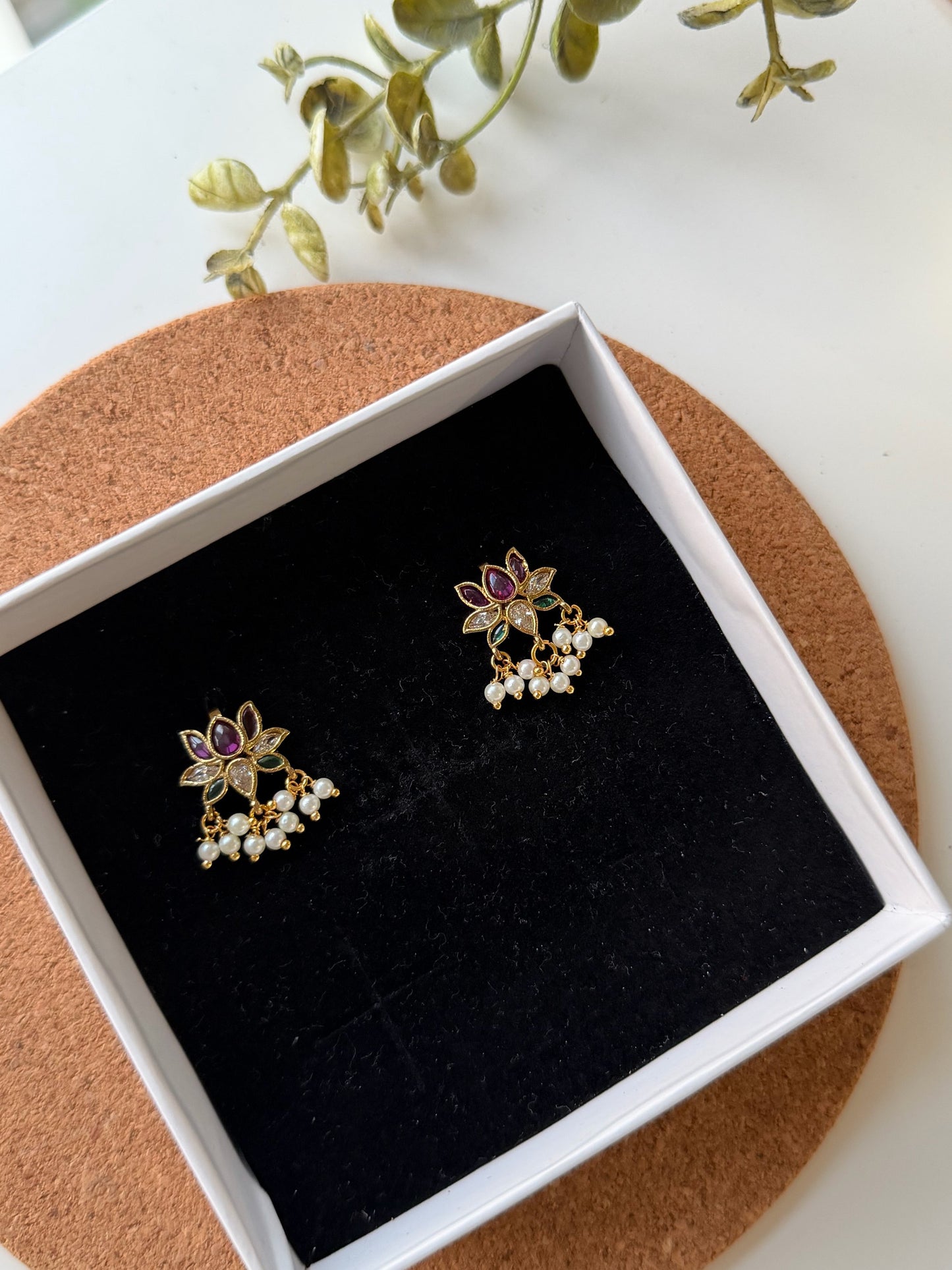 Elegant Lotus Motif Bugadi with Ruby Accents and Pearl Fringe