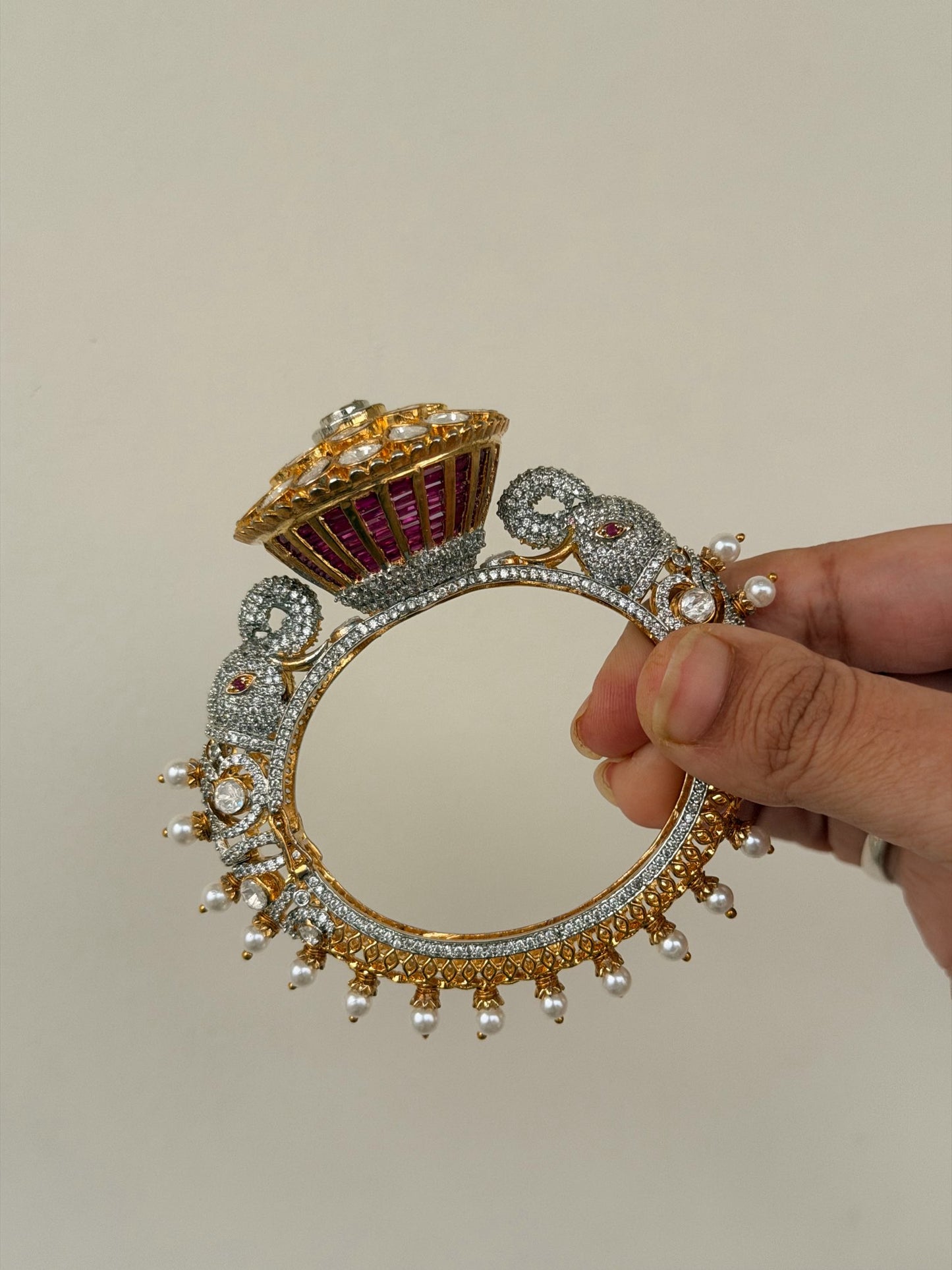 Elephant Motif Foil Back Kundan Kada with Pearl Drops