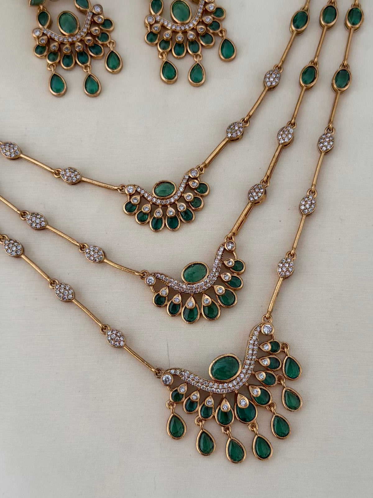 Emerald Green Layered Long Necklace Set with CZ Accents and Drop Earrings