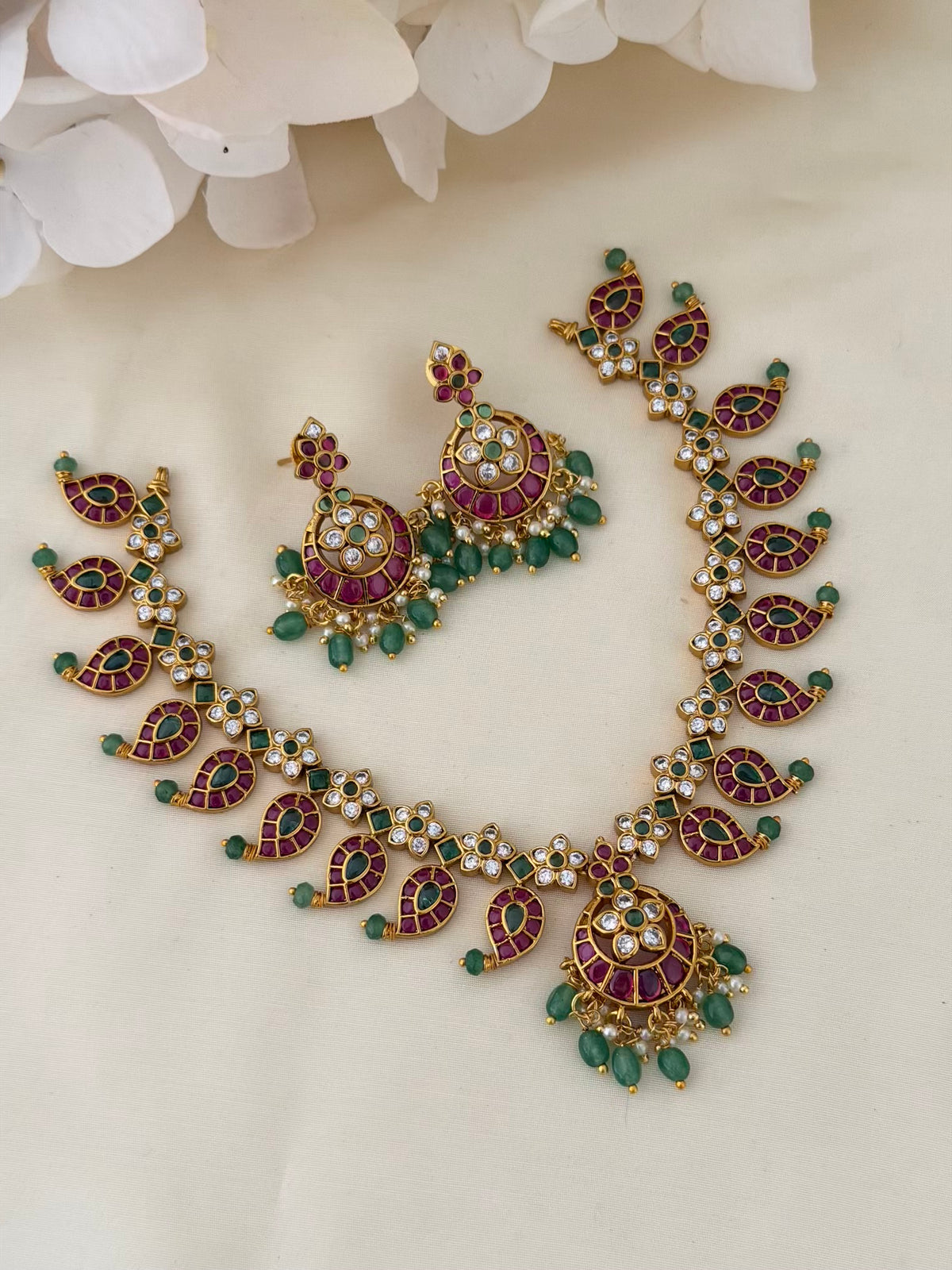 Kemp Mango Motif Necklace Set with Chaandbali Pendant and Emerald Bead Earrings
