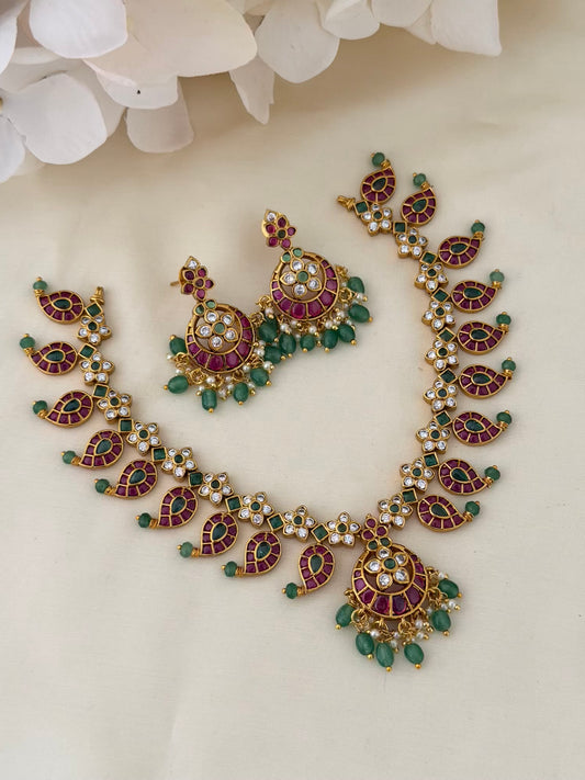 Kemp Mango Motif Necklace Set with Chaandbali Pendant and Emerald Bead Earrings