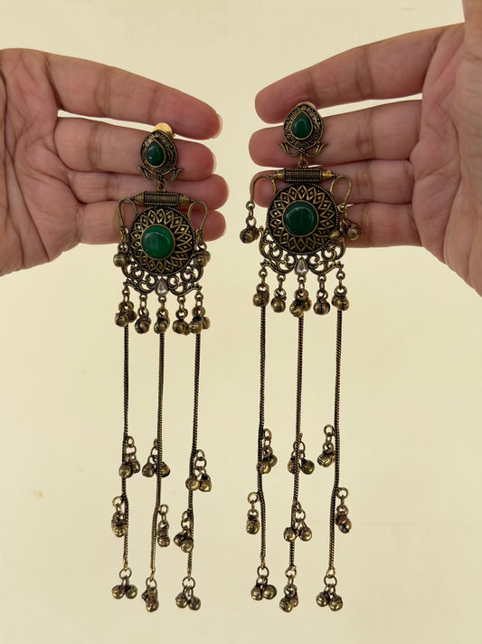 Sunburst Medallion Long Chain Ghungroo Earrings with Green Stone Centre