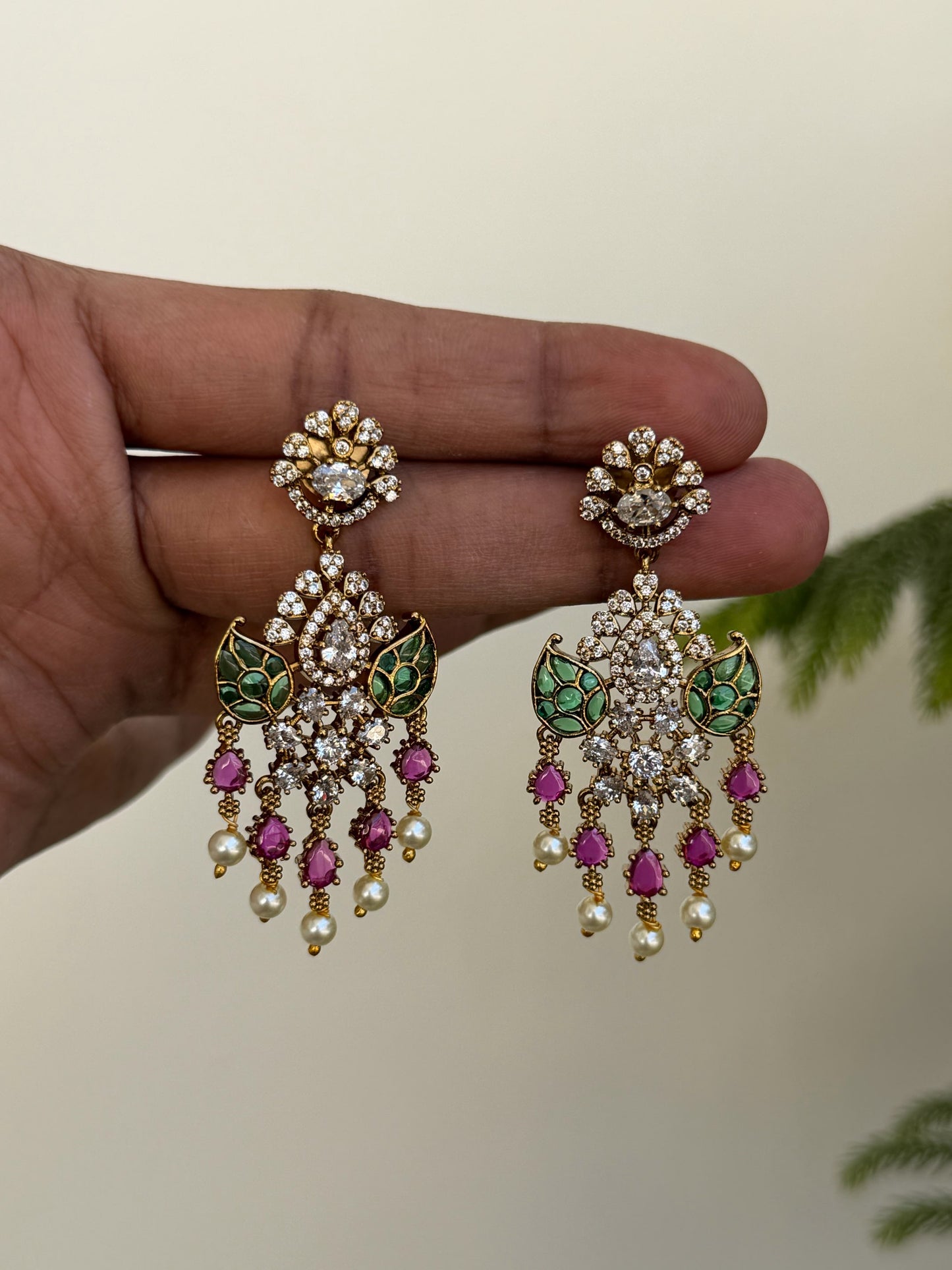 Traditional Moissanite Green & Pink Chandbali Earrings | MIJ Jewels