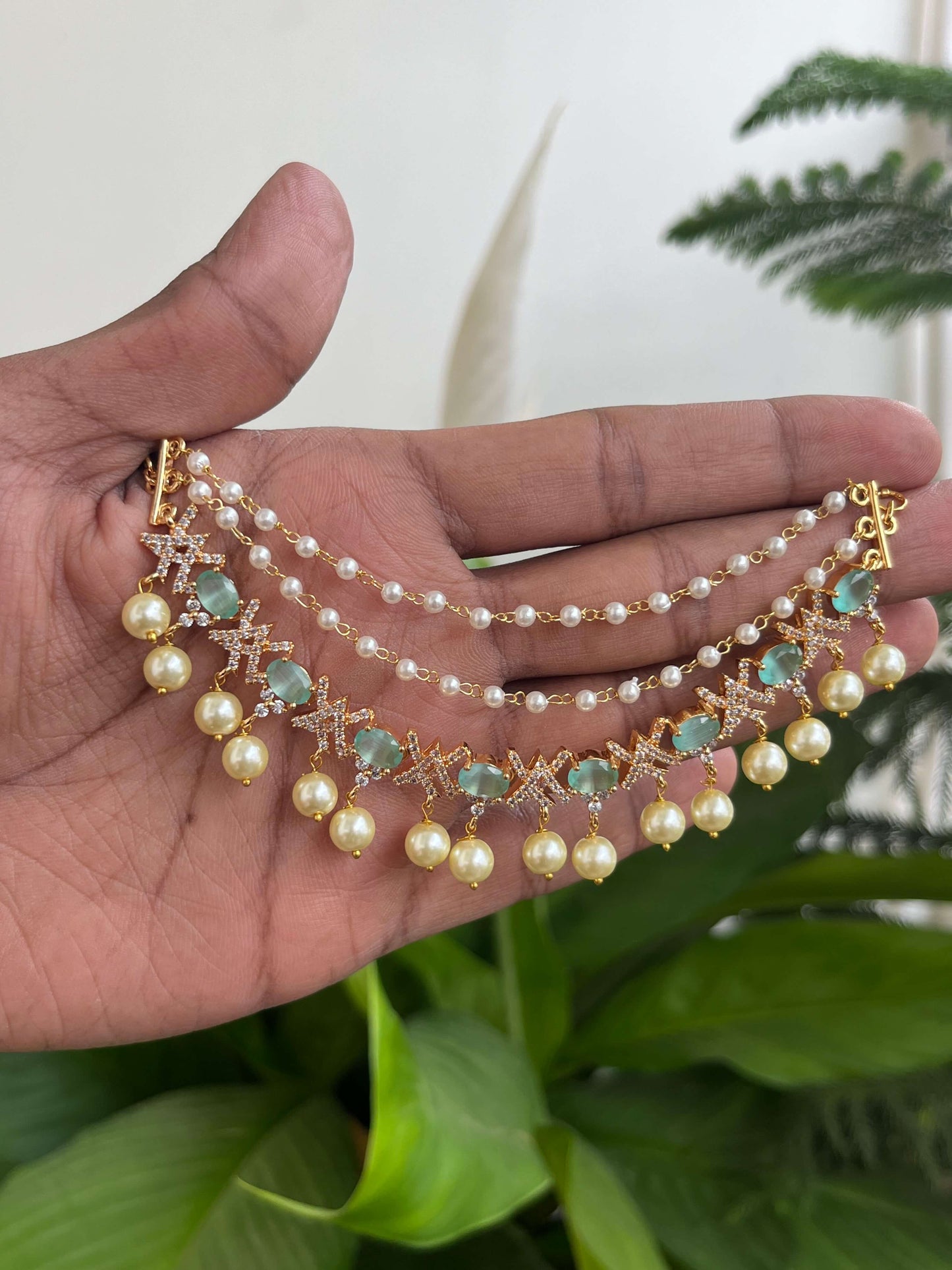 Golden Polish Ear Chains with CZ Stones & Pearl Hangings – Mint & Emerald Green Variants