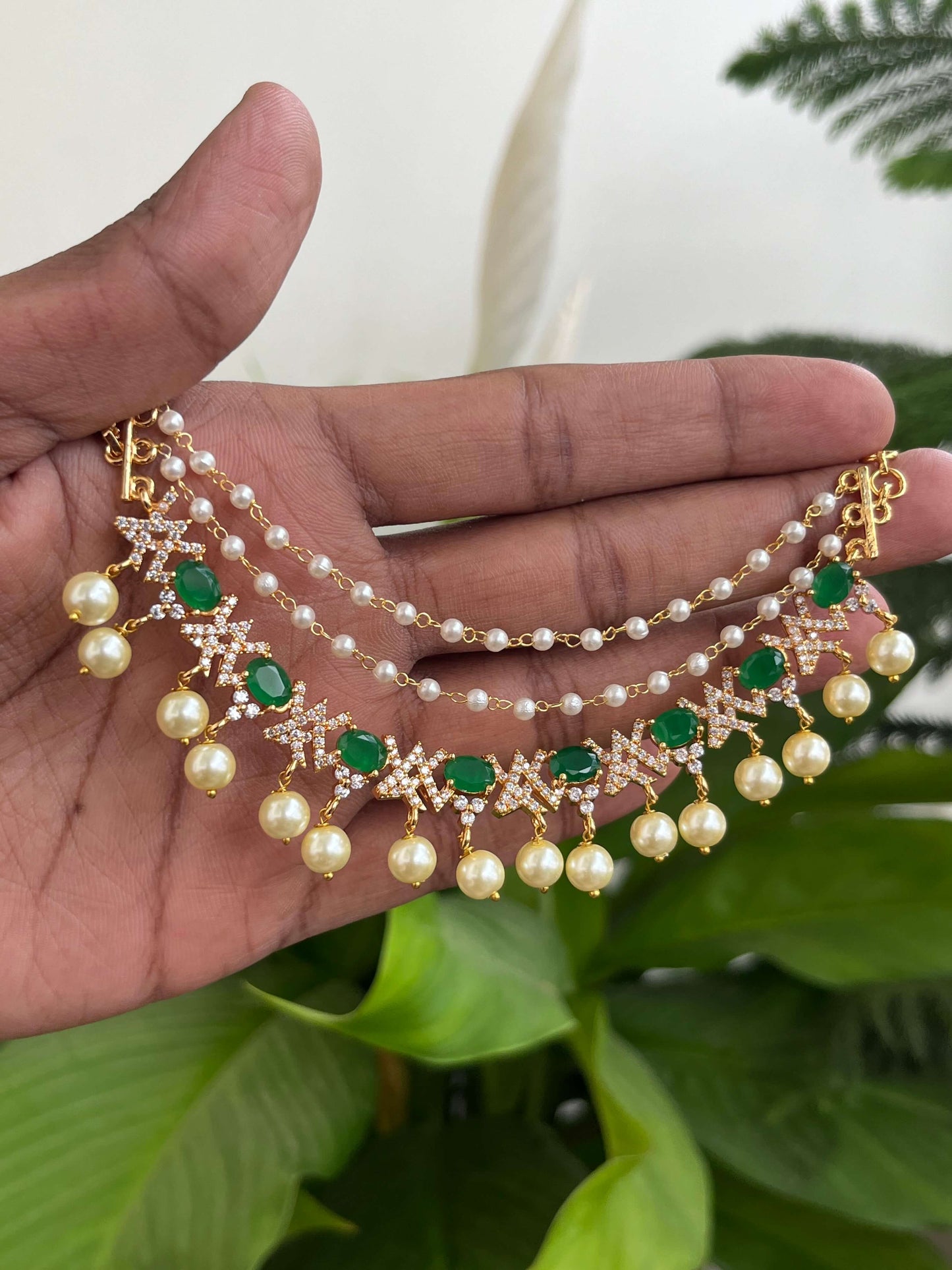 Golden Polish Ear Chains with CZ Stones & Pearl Hangings – Mint & Emerald Green Variants