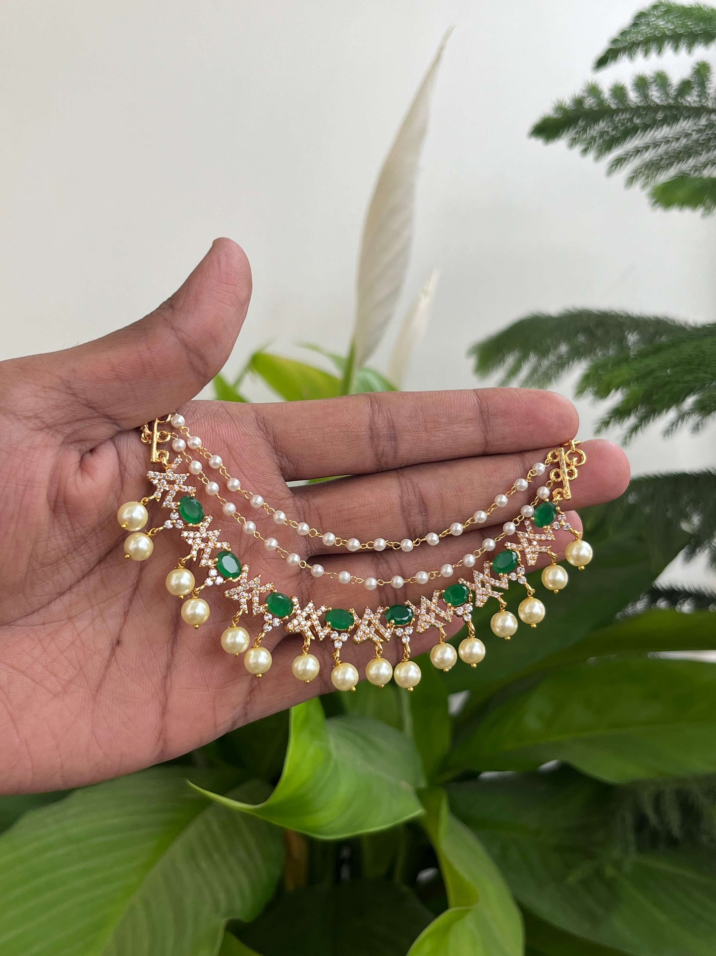 Golden Polish Ear Chains with CZ Stones & Pearl Hangings – Mint & Emerald Green Variants