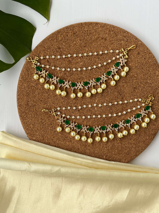 Golden Polish Ear Chains with CZ Stones & Pearl Hangings – Mint & Emerald Green Variants