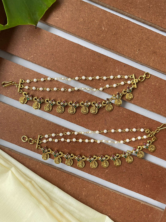 Lakshmi Devi Coin Ear Chain with Pearls, Multicolor Stones