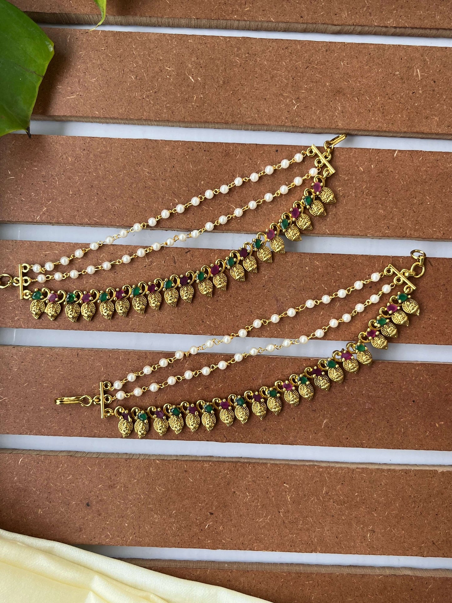 Mango Leaf Lakshmi Devi Ear Chain with Pearls, Ruby & Green Stones