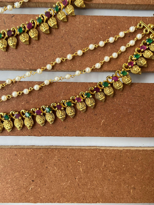 Mango Leaf Lakshmi Devi Ear Chain with Pearls, Ruby & Green Stones