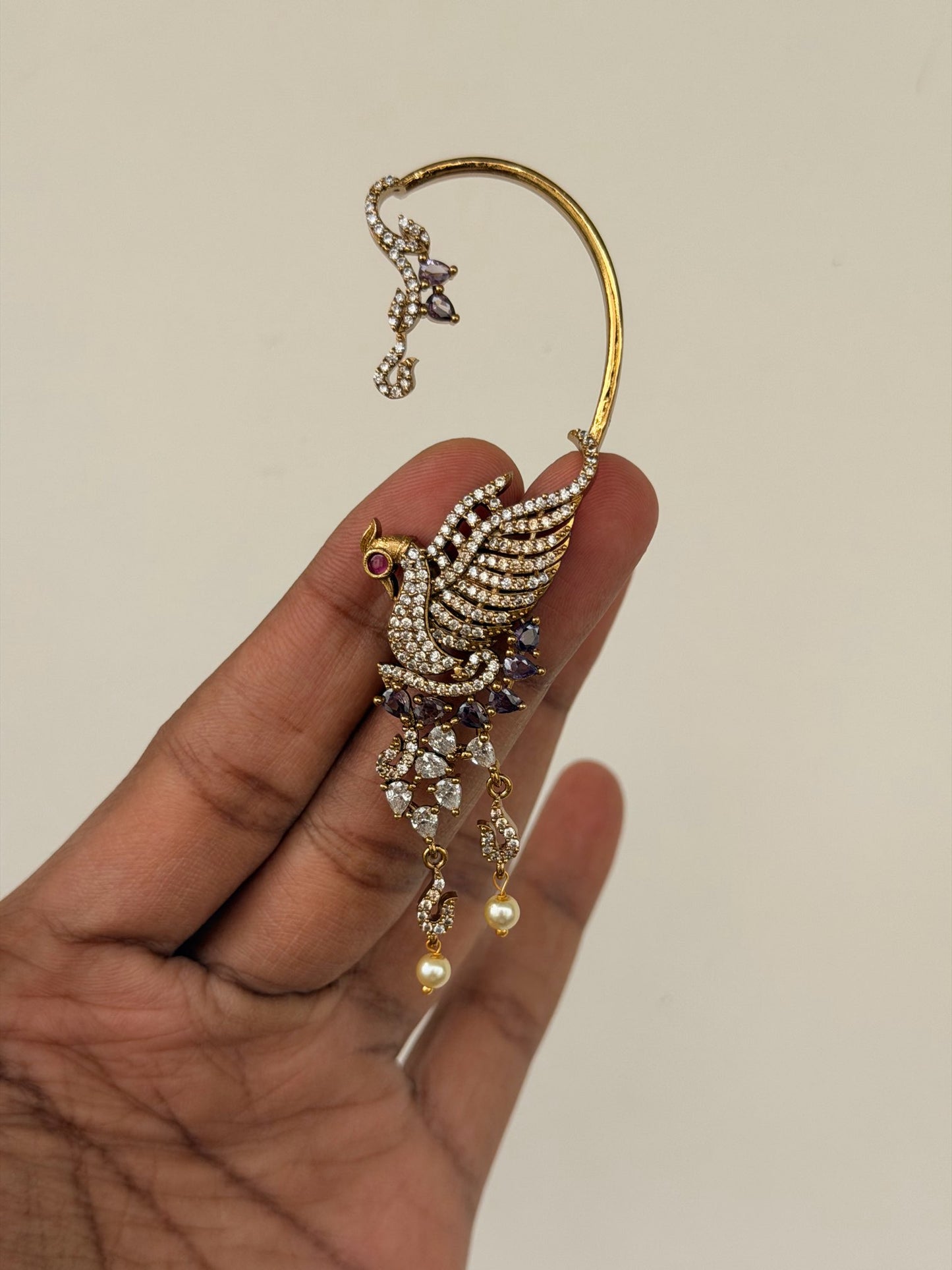 Majestic Bird Statement Ear Cuffs | Crystal Pave & Pearl Bridal Earrings