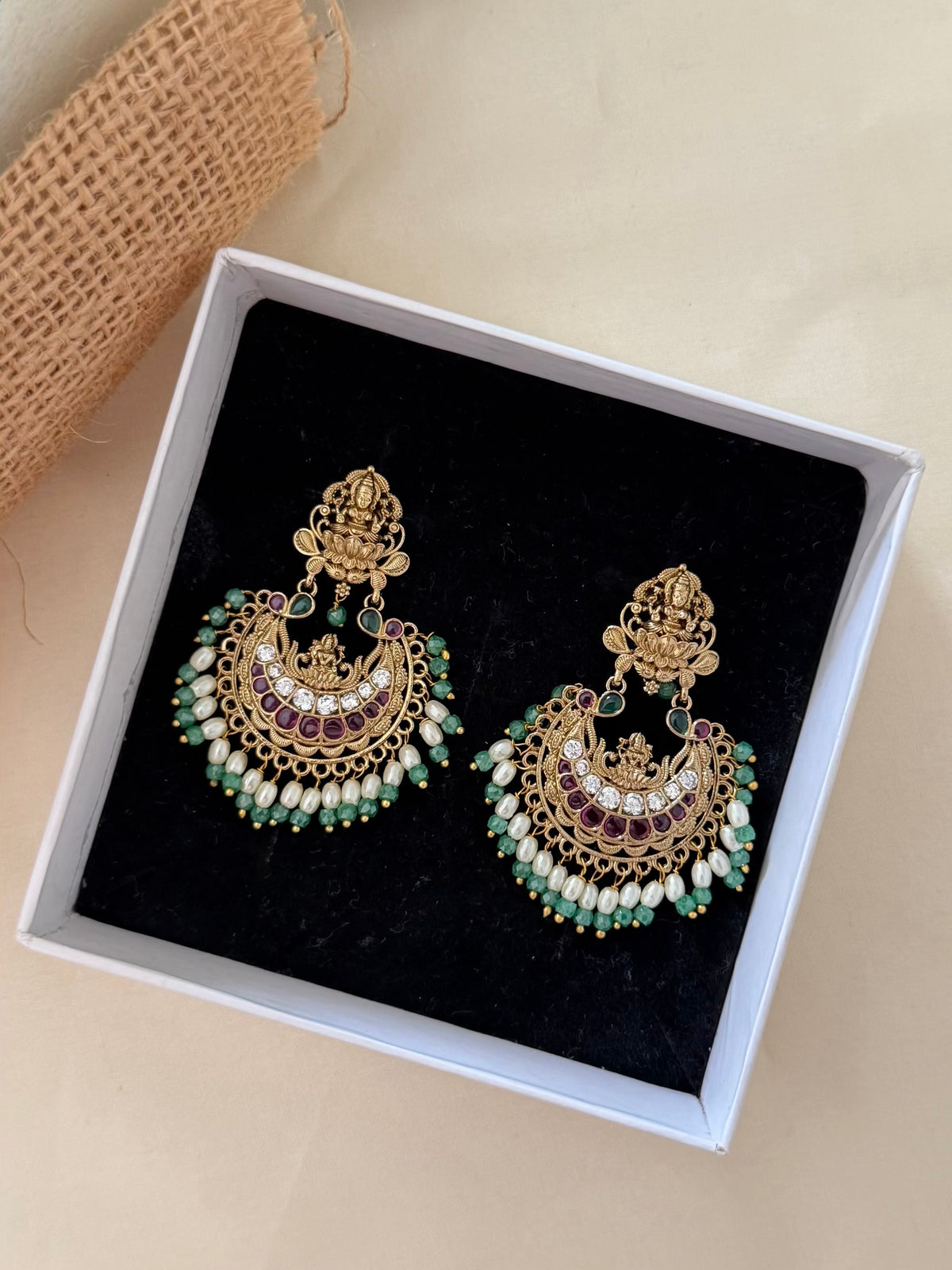 Lakshmi Chaandbali Earrings with Ruby CZ Crescent and Rice Pearl and Mint Green Bead Drops