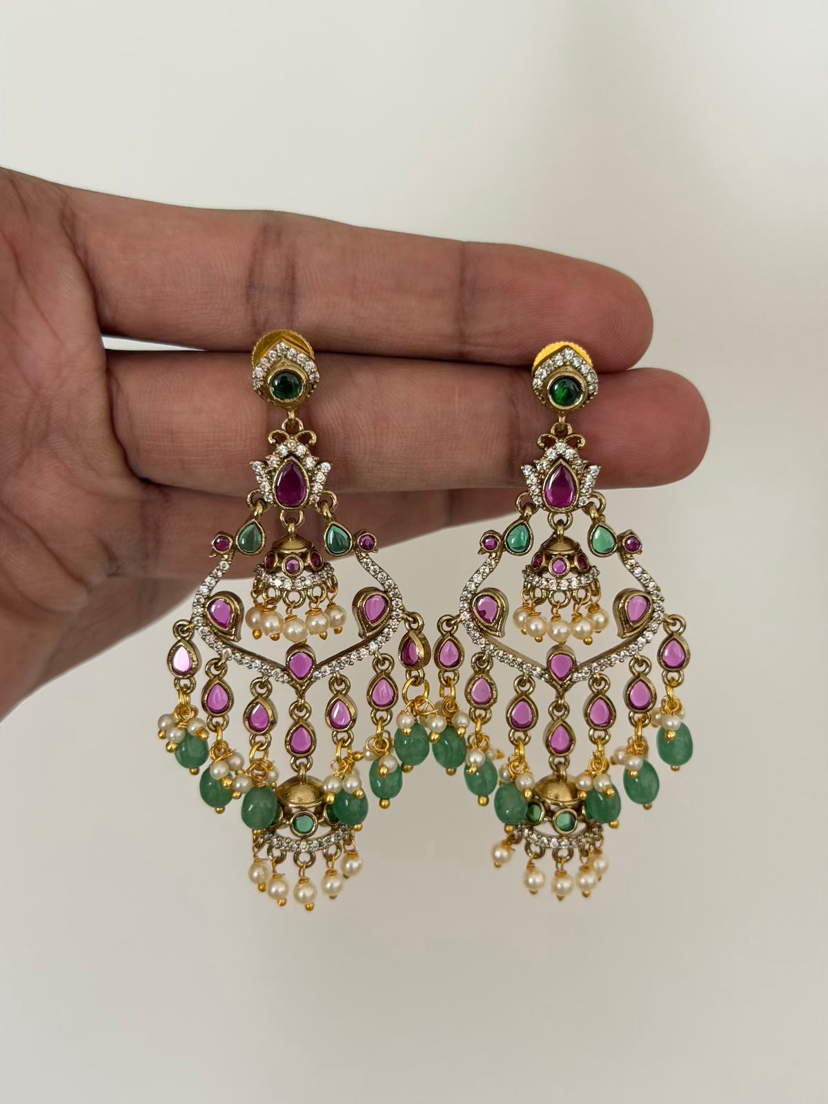Ruby Teardrop Chandelier Earrings with Peacock Arch and Mini Jhumkas and Mint Green Bead Drops