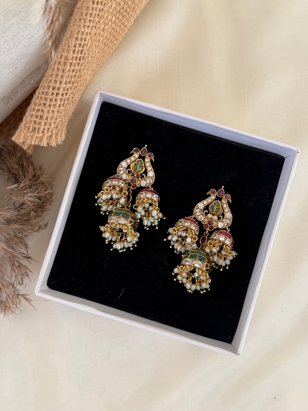 Triple Jhumka Peacock Earrings with Ruby Emerald Kemp Stones