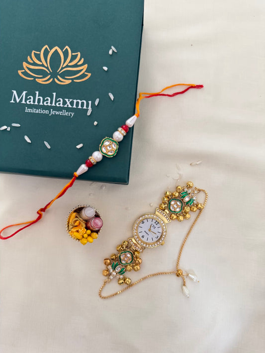 Green Lotus Kundan Meenakari Rakhi & Dial Bracelet Watch Combo – All Red Floral