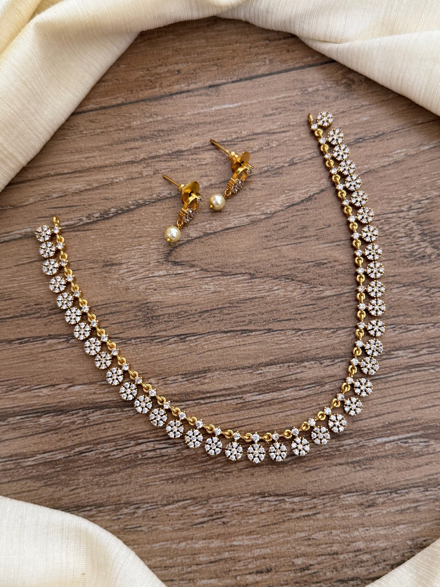 Delicate American Diamond Floral Necklace Set with Pearl Drop Earrings