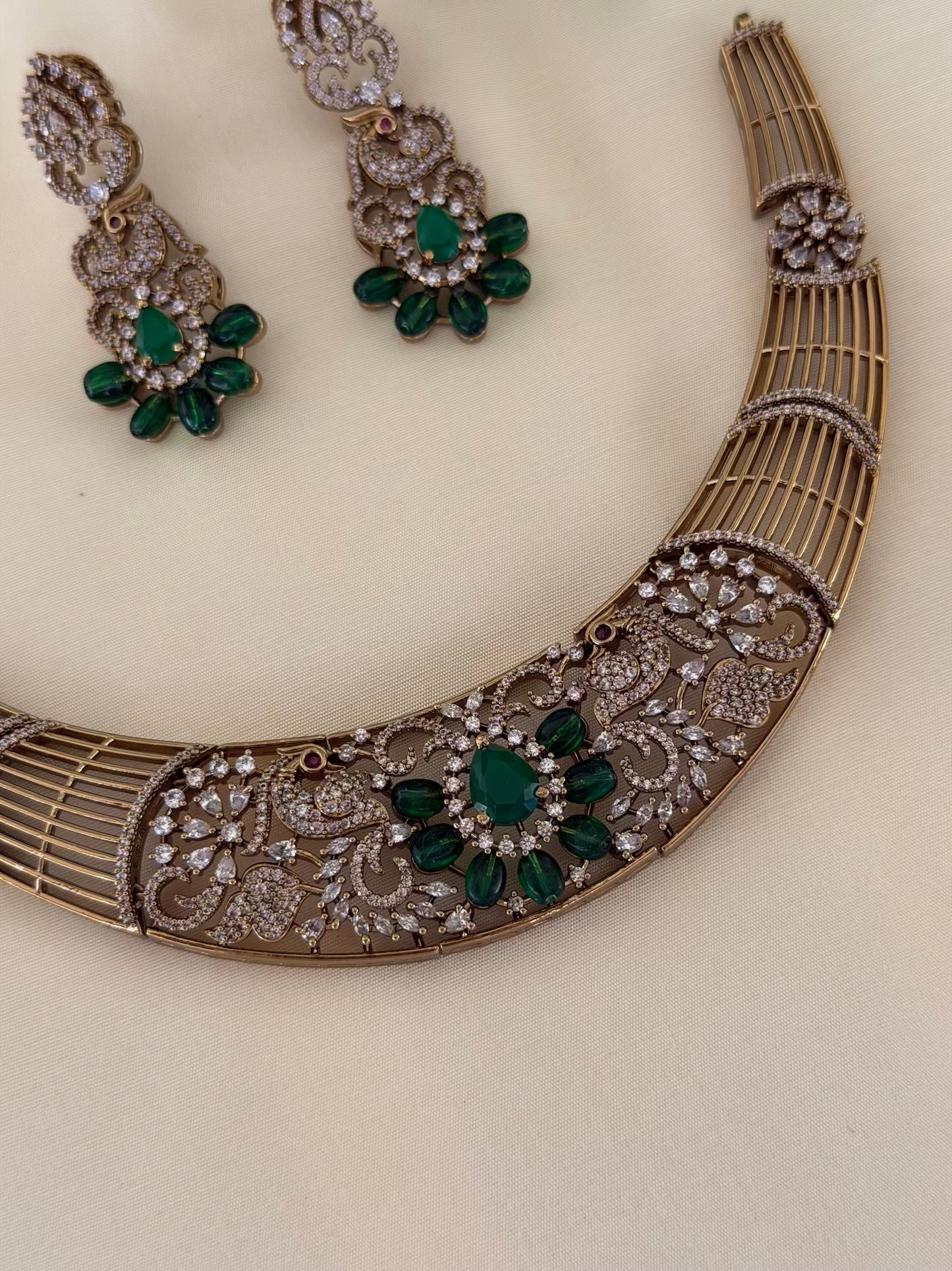 Emerald Peacock Kanti Necklace Set with Matching Earrings