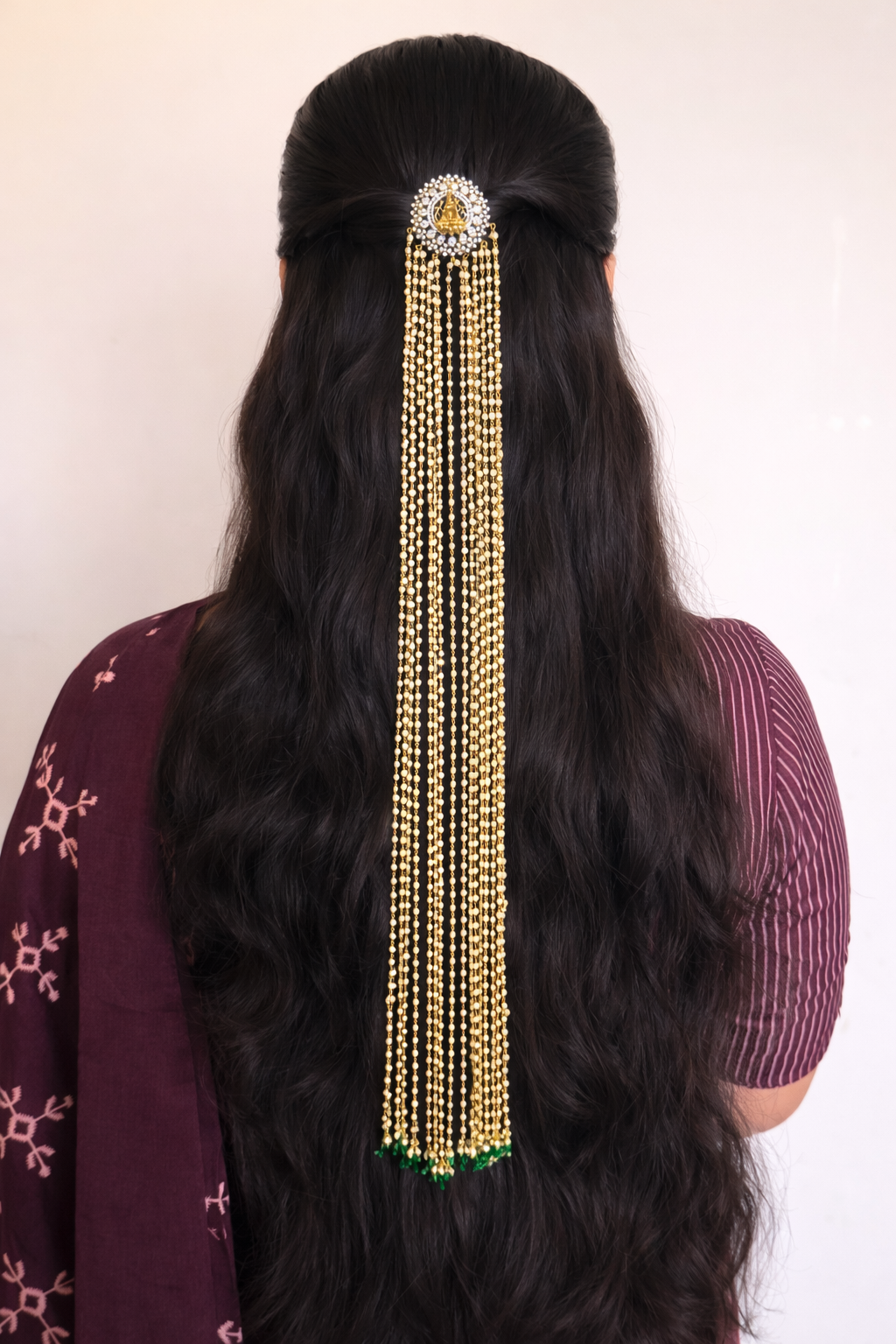 Temple Style Pearl Jada with Green Drops – Bridal Hair Jewellery
