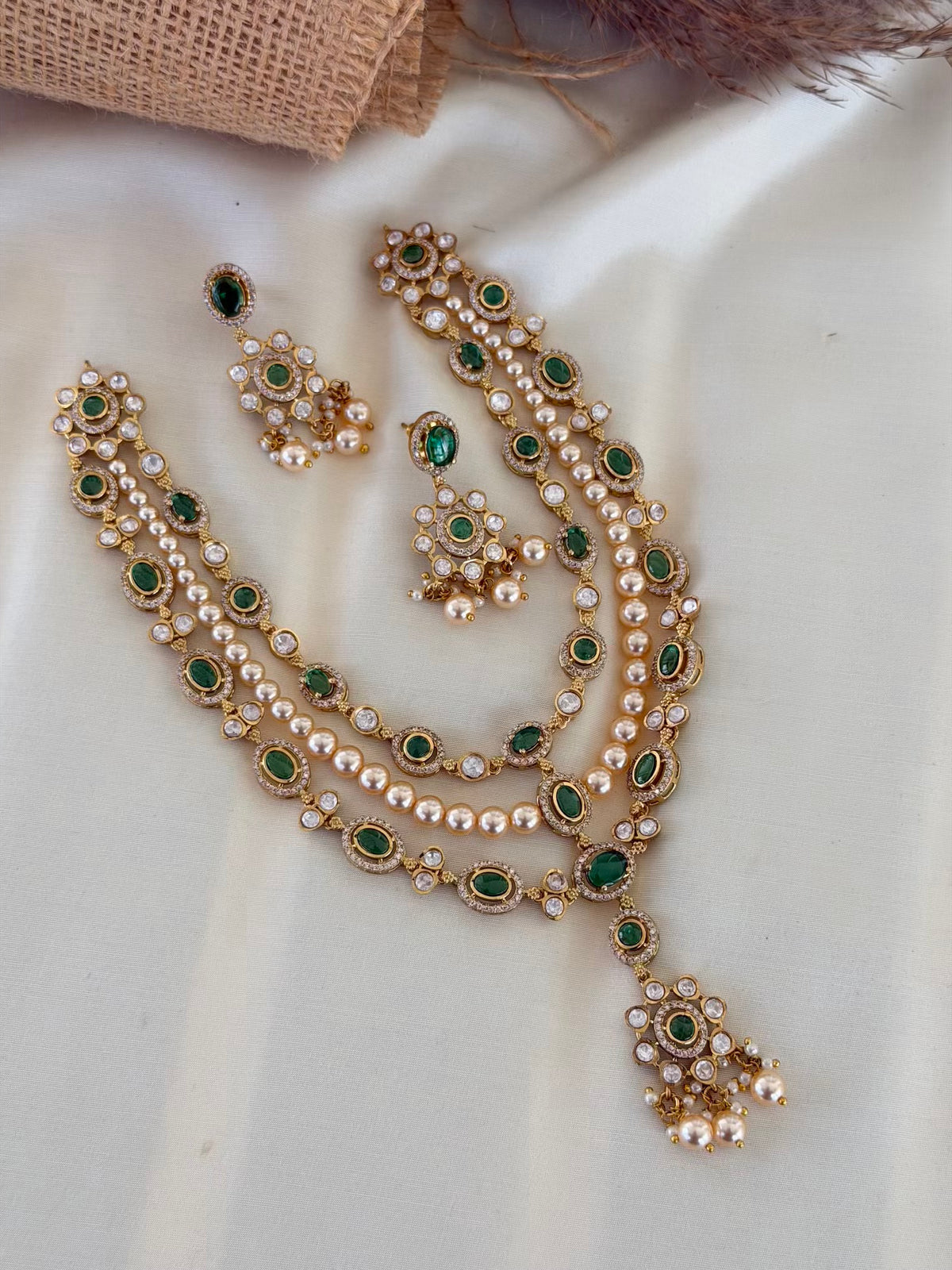 Emerald Pearl Multi-Strand Necklace Set with Drop Earrings