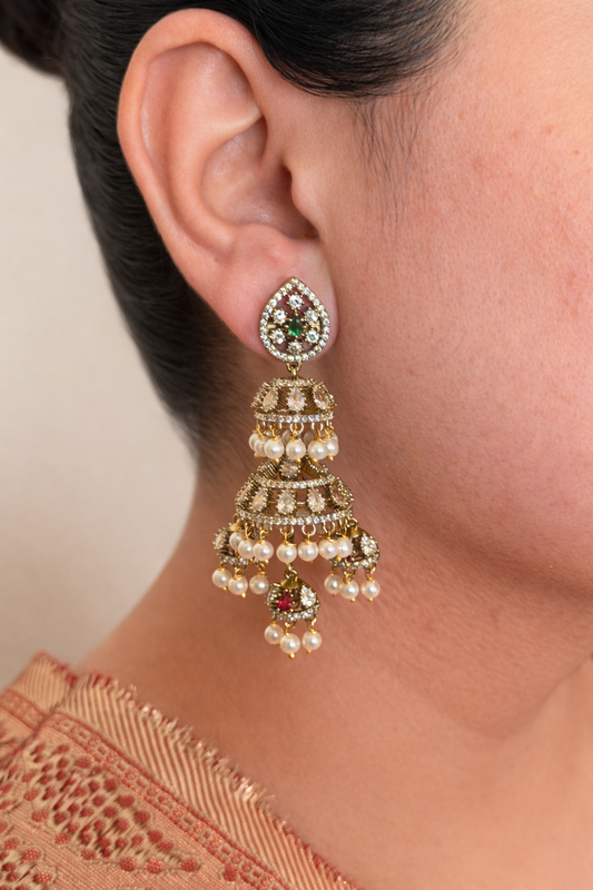 Double-Layered Pearl Moissonite Jhumka Earrings