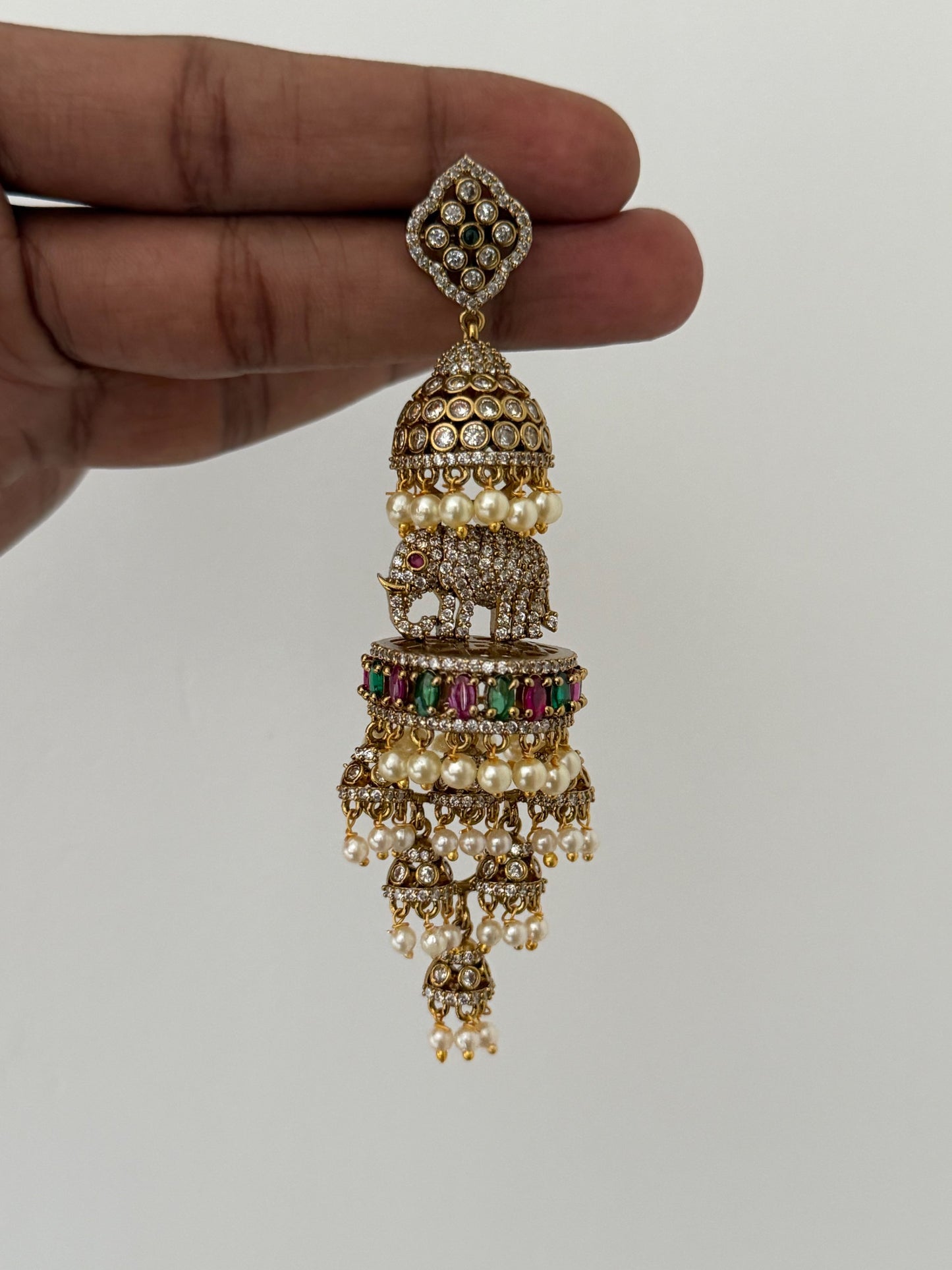 Royal Elephant Multi-Tier Jhumka Earrings – Premium Lightweight Grandeur with Emerald & Pearl Drops