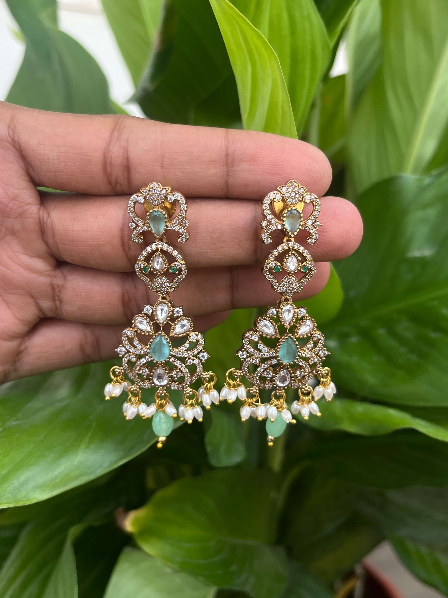 Victorian Dangler Earrings – Elegant Statement Earrings in Green, Pink & Mint