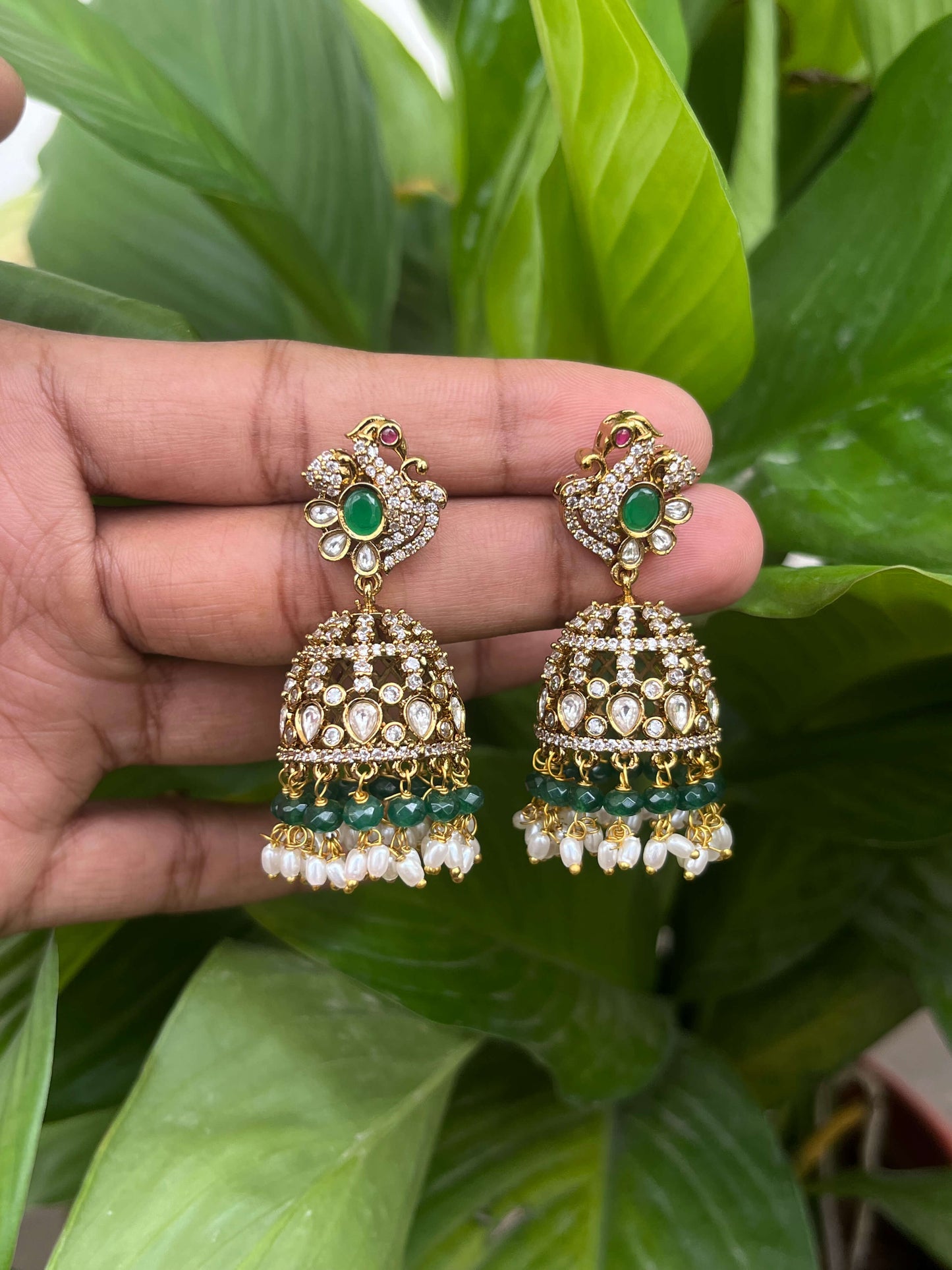 Victorian Peacock Motif Jhumka – Mint, Pastel Pink & Green Statement Earrings