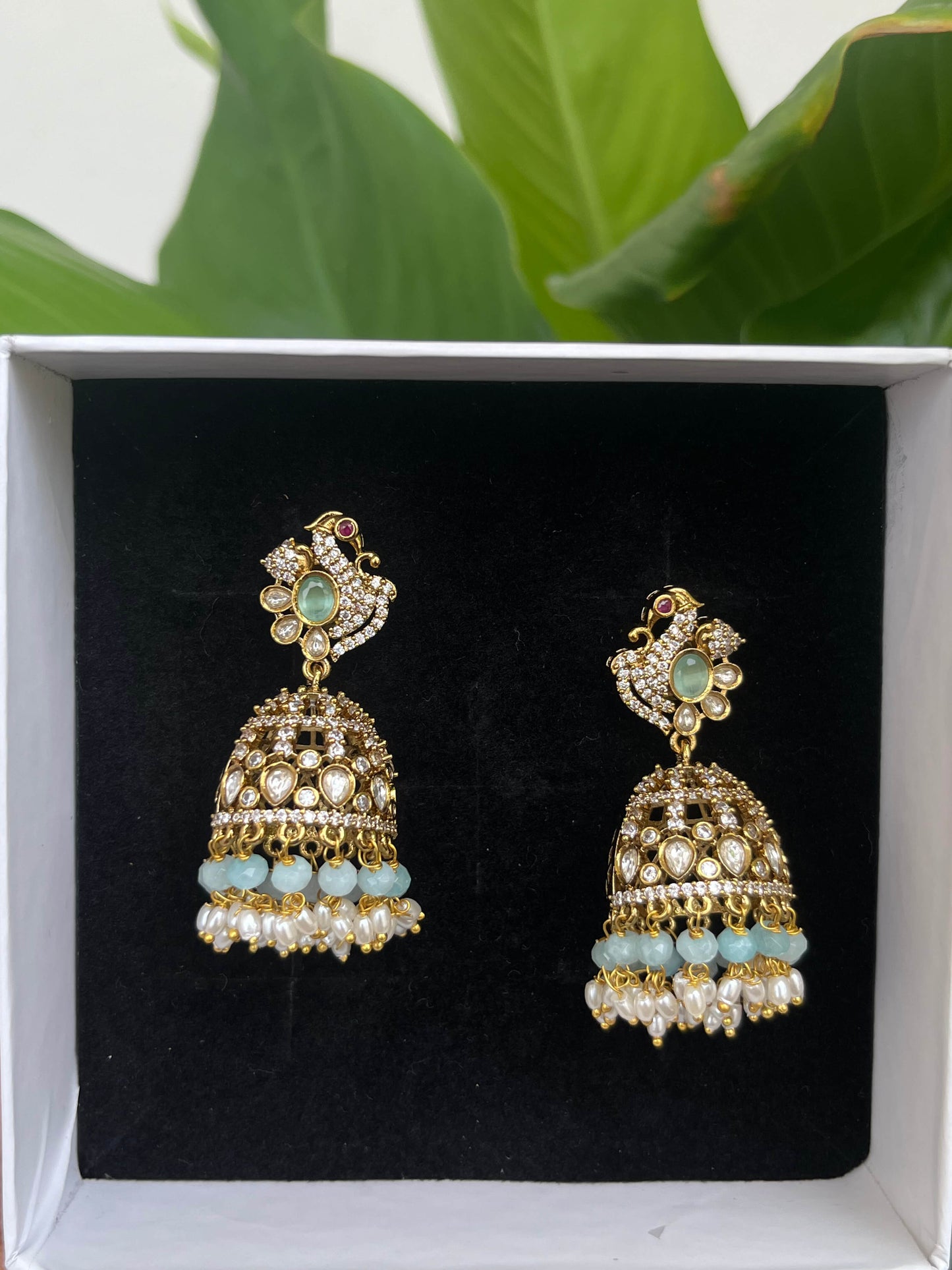 Victorian Peacock Motif Jhumka – Mint, Pastel Pink & Green Statement Earrings