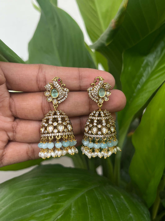 Victorian Peacock Motif Jhumka – Mint, Pastel Pink & Green Statement Earrings