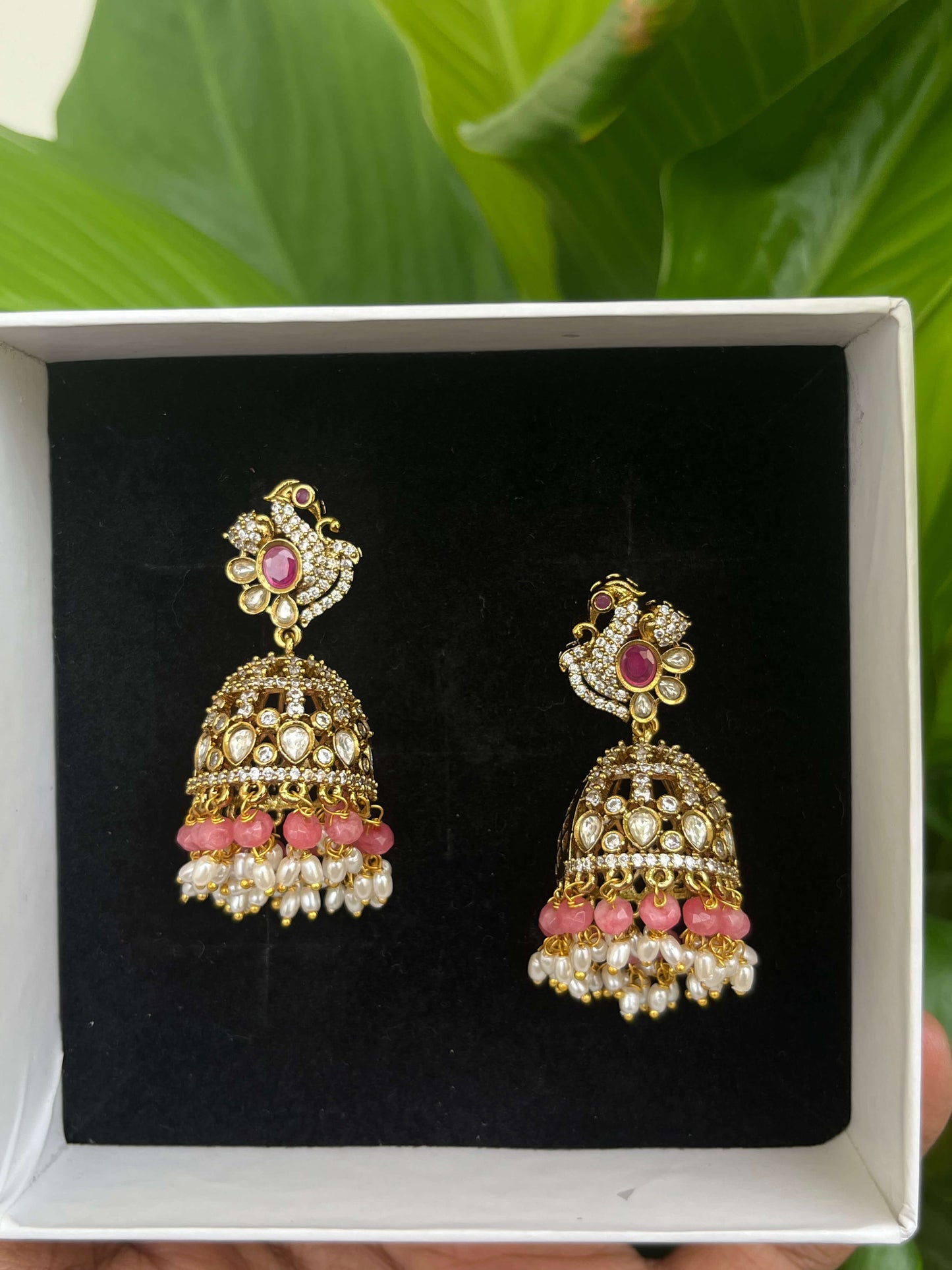 Victorian Peacock Motif Jhumka – Mint, Pastel Pink & Green Statement Earrings