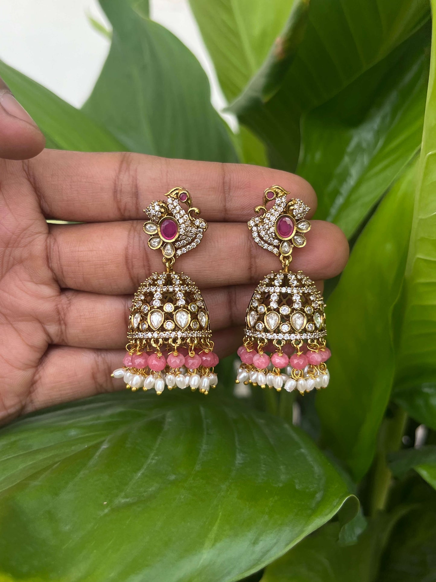 Victorian Peacock Motif Jhumka – Mint, Pastel Pink & Green Statement Earrings