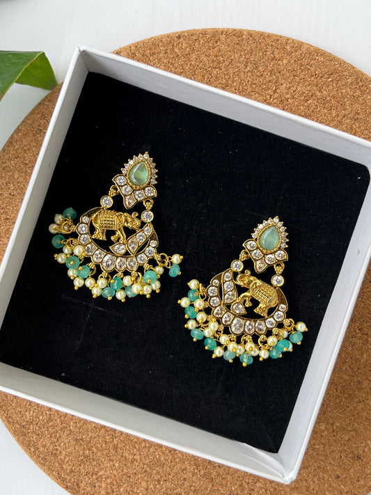 Studded Elephant Chaandbali Earrings - Pink and Mint