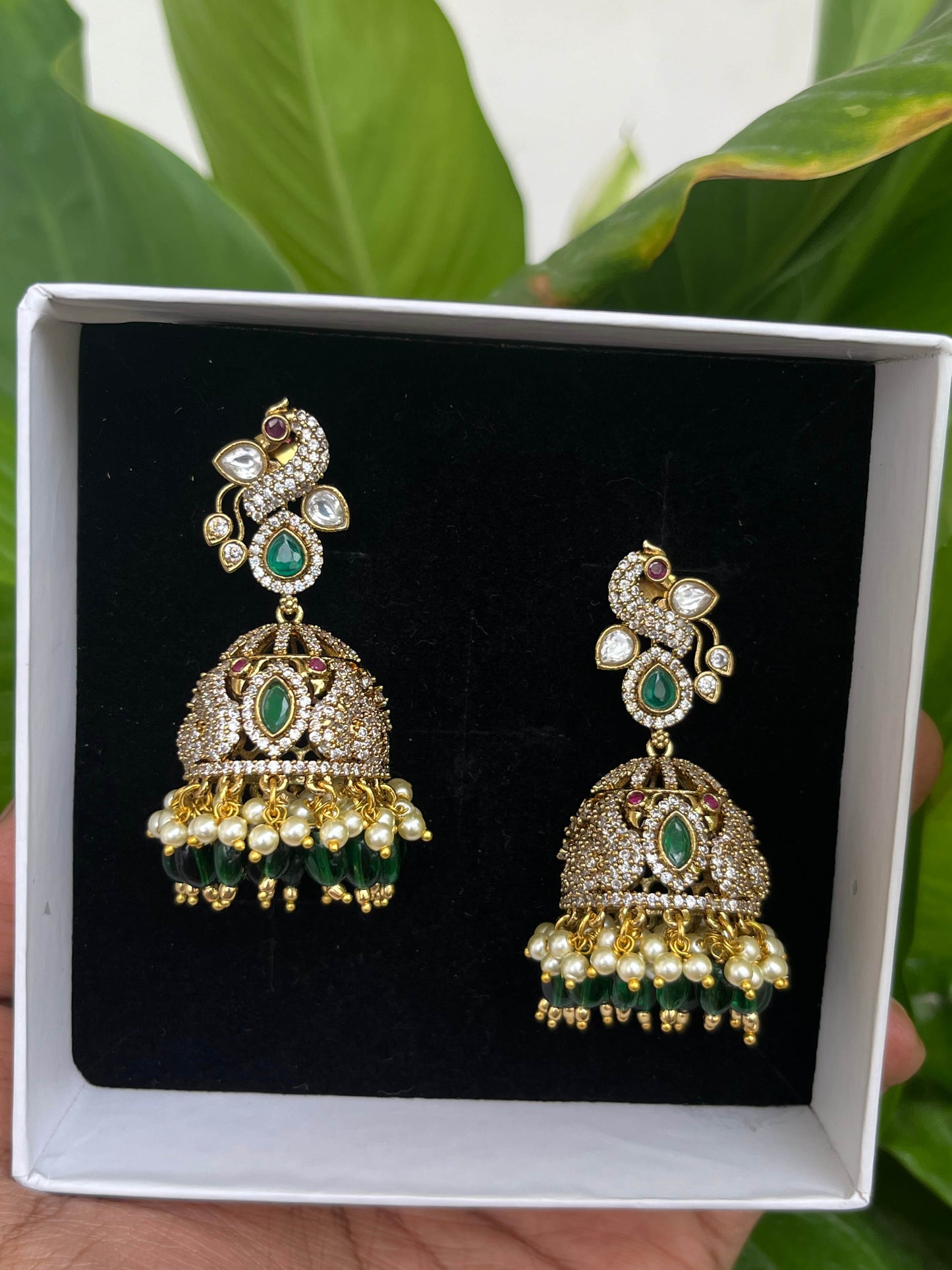 Victorian Peacock Motif Long Jhumka – Luxury Statement Earrings - Green, Mint, Ruby