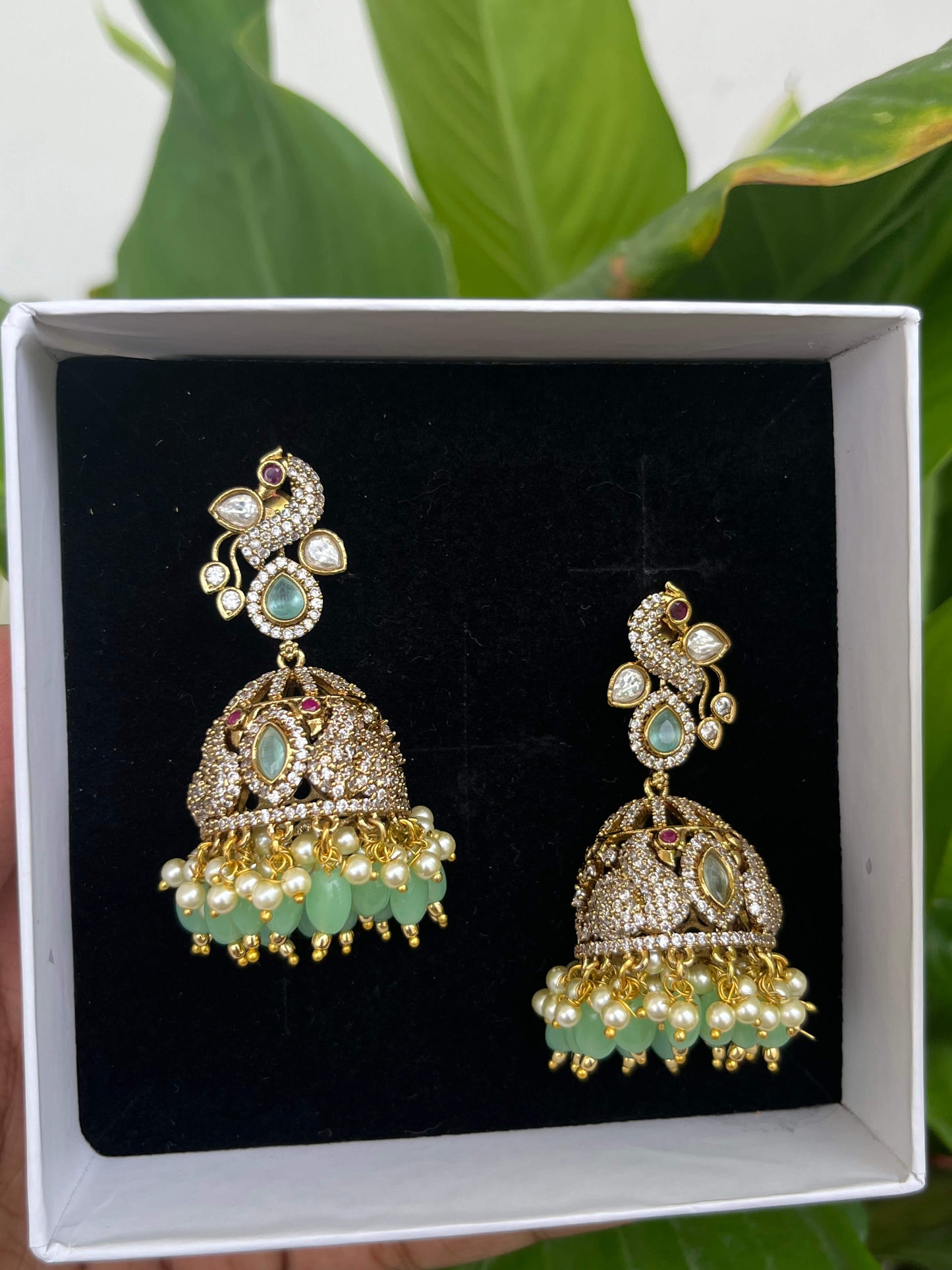 Victorian Peacock Motif Long Jhumka – Luxury Statement Earrings - Green, Mint, Ruby