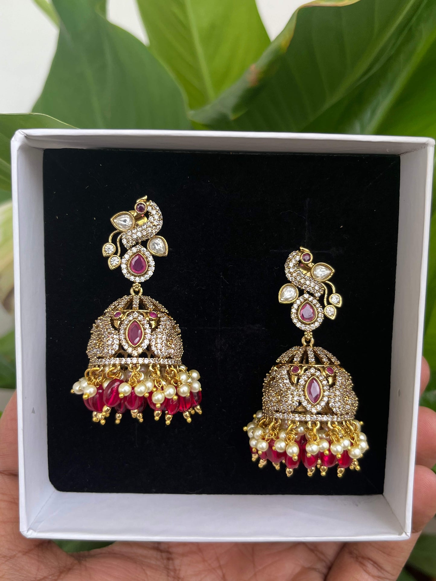 Victorian Peacock Motif Long Jhumka – Luxury Statement Earrings - Green, Mint, Ruby