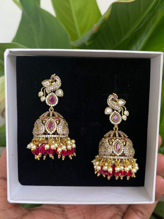 Victorian Peacock Motif Long Jhumka – Luxury Statement Earrings - Green, Mint, Ruby