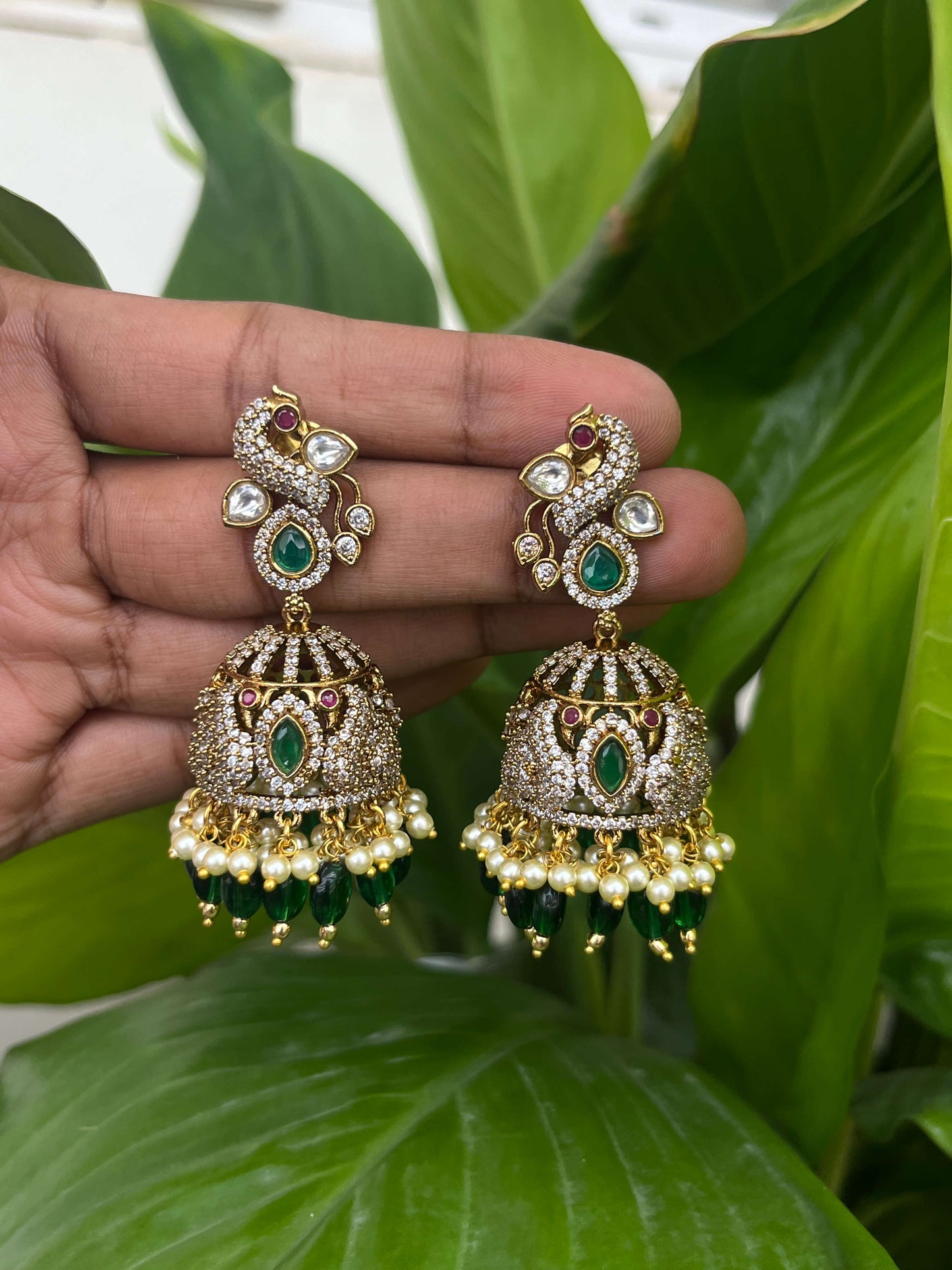 Victorian Peacock Motif Long Jhumka – Luxury Statement Earrings - Green, Mint, Ruby