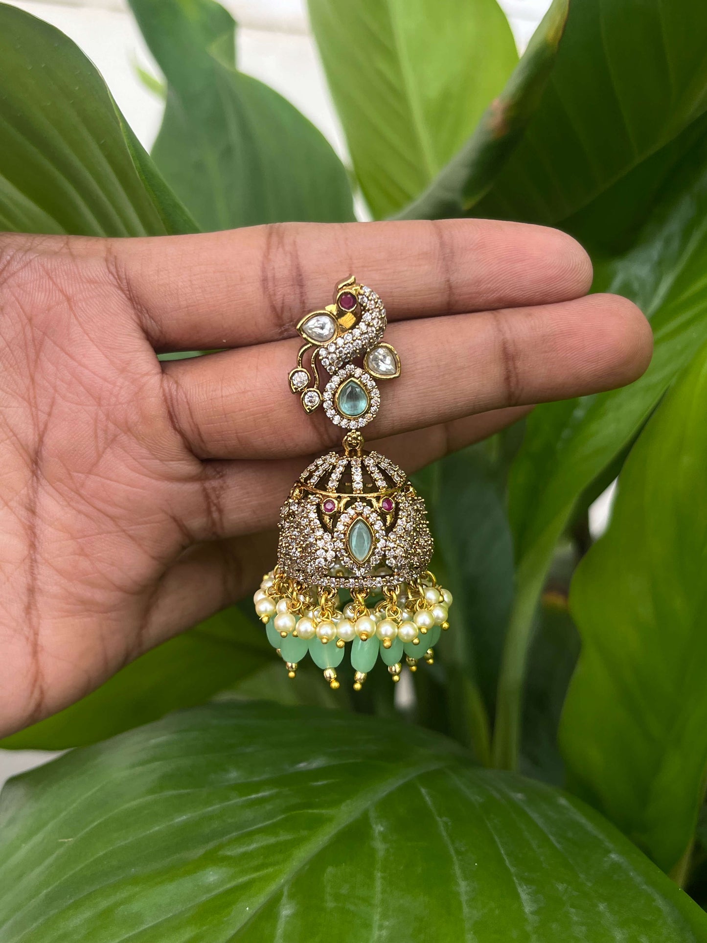 Victorian Peacock Motif Long Jhumka – Luxury Statement Earrings - Green, Mint, Ruby