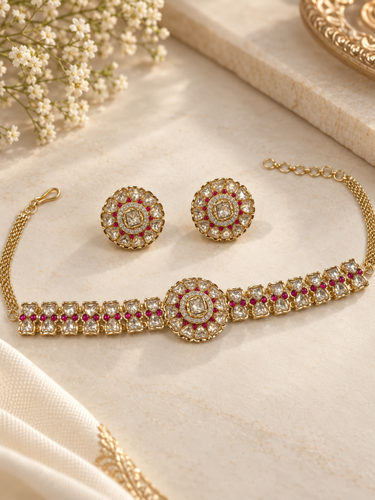 Moissanite Ruby Choker Necklace Set with Floral Medallion
