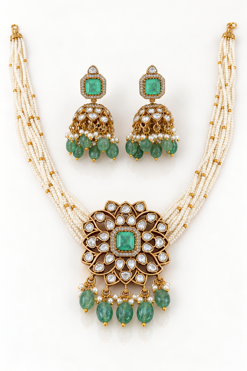Kundan Emerald Floral Pendant Necklace Set with Jhumka Earrings