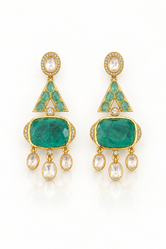 Emerald Cushion Dangler Earrings with Kundan Drops