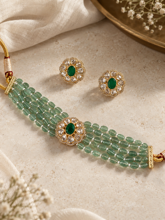 Moissanite Floral Choker Necklace Set with Green Strawberry Beads
