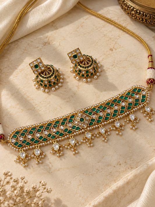 Emerald Kundan Trellis Choker Necklace Set with Pearl Tassels