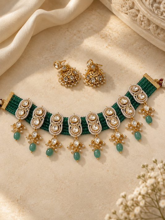 Emerald Bead Choker Necklace Set with Kundan Medallions