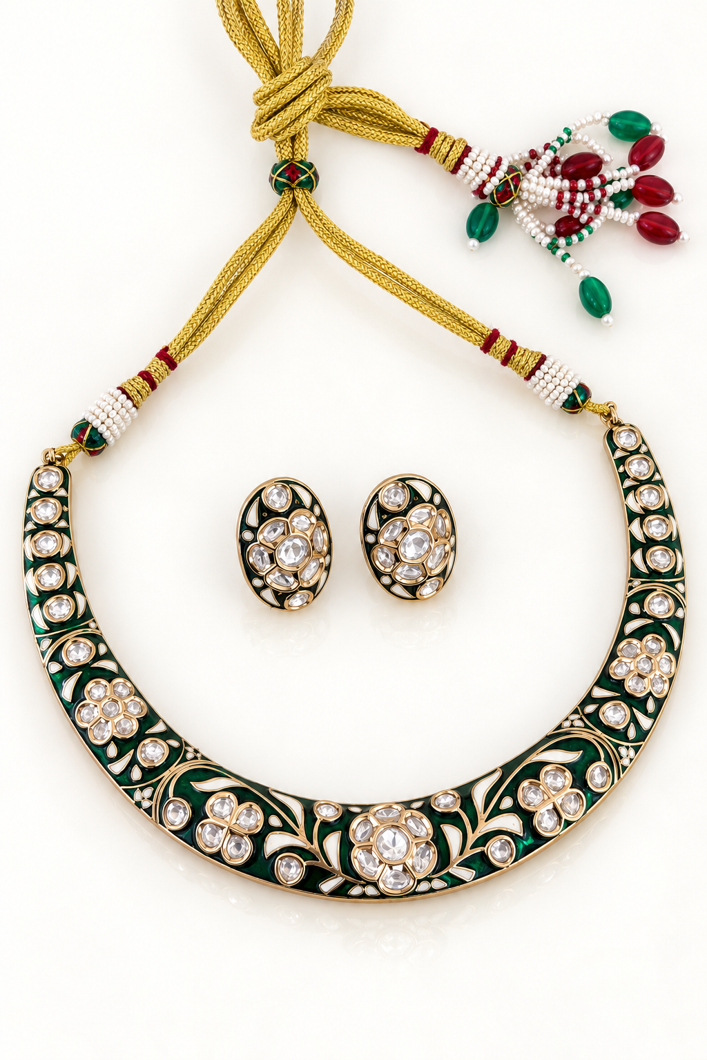Kundan Meenakari Collar Necklace Set with Stud Earrings