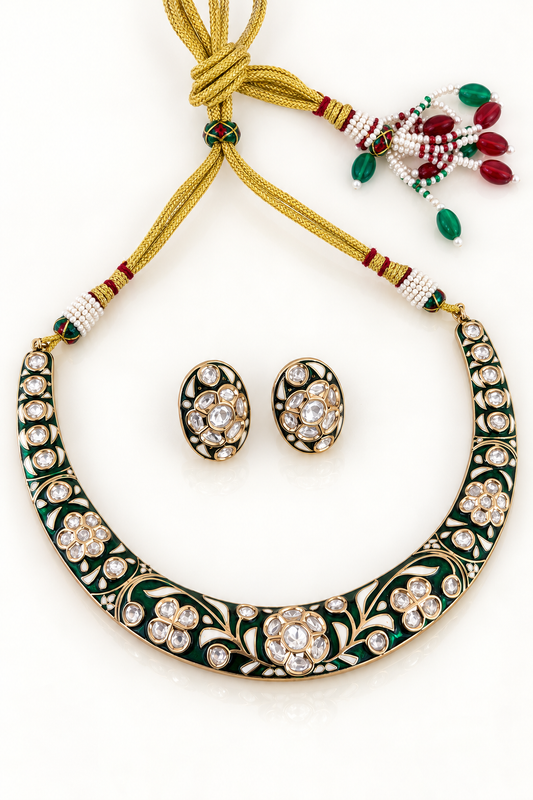 Kundan Meenakari Collar Necklace Set with Stud Earrings