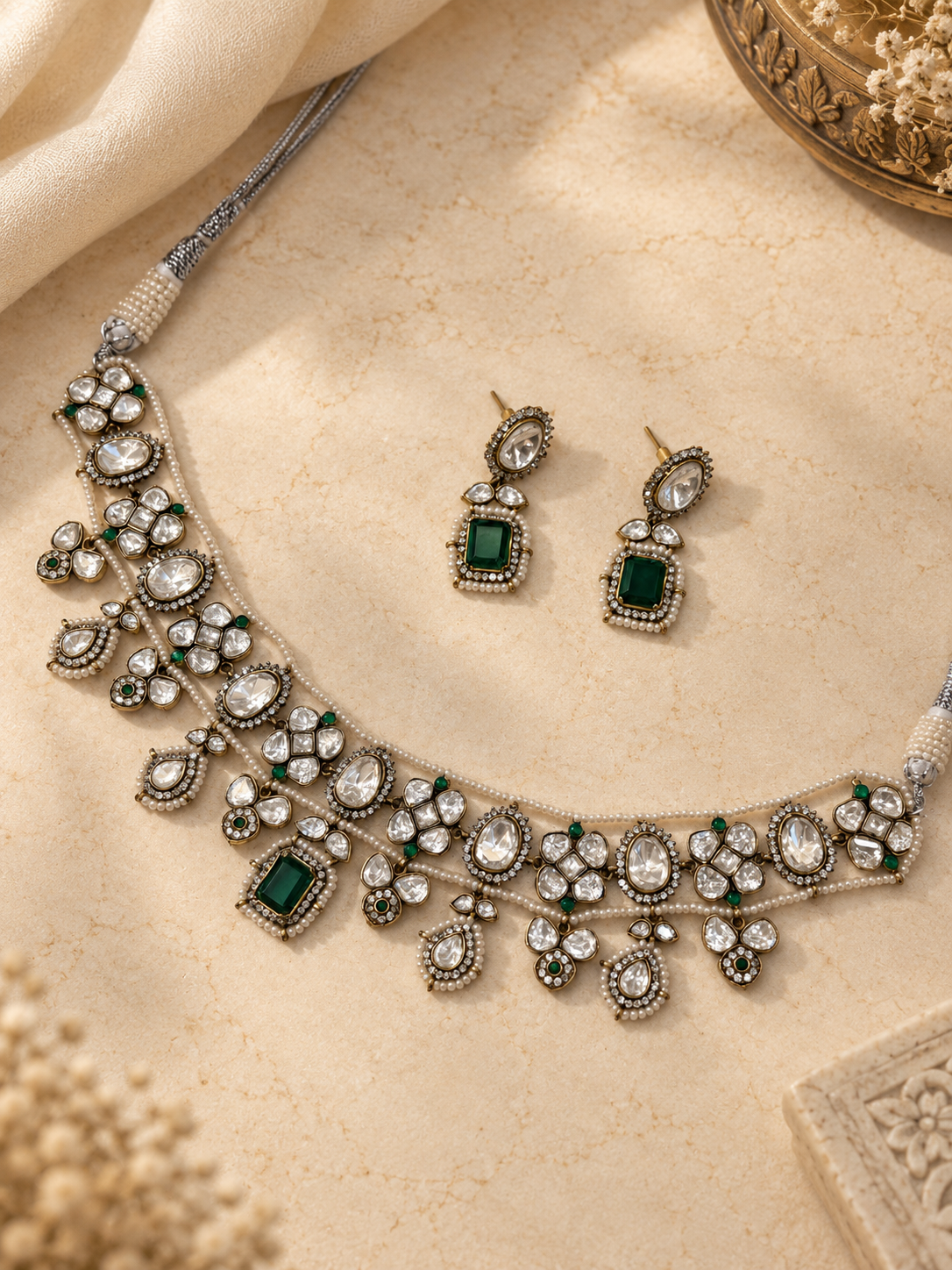 Victorian Kundan Necklace Set with Emerald Accents