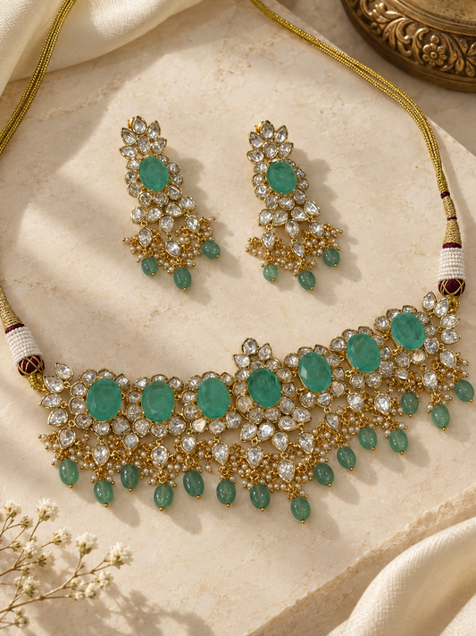 Emerald Polki Choker Necklace Set with Pearl Trim